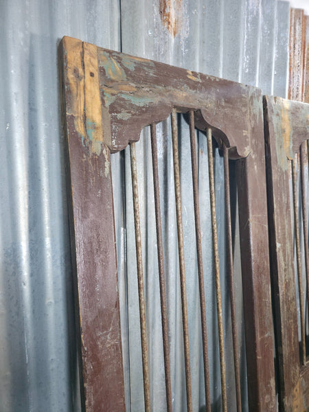 Pair Vintage Rustic Indian Wooden Iron Doors Garden Gates Room Divider Screen