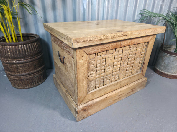 Vintage Reclaimed Indian Hand Carved Solid Wooden Chest Coffee Table Trunk