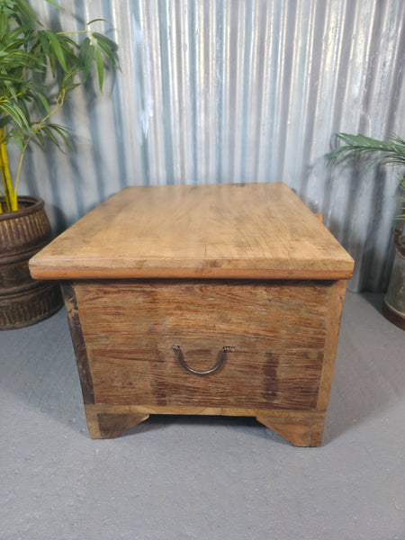 Vintage Reclaimed Rustic Indian Solid Wooden Dowry Chest Coffee Side Table Trunk