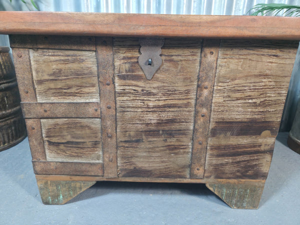 Vintage Reclaimed Rustic Indian Solid Wooden Dowry Chest Coffee Side Table Trunk