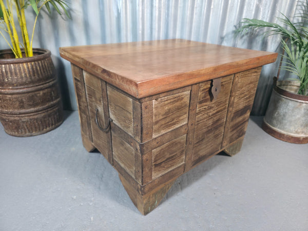 Vintage Reclaimed Rustic Indian Solid Wooden Dowry Chest Coffee Side Table Trunk