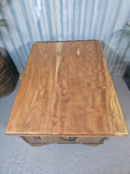 Vintage Reclaimed Rustic Indian Solid Wooden Dowry Chest Coffee Side Table Trunk