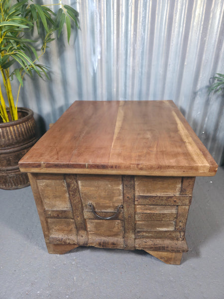 Vintage Reclaimed Rustic Indian Solid Wooden Dowry Chest Coffee Side Table Trunk