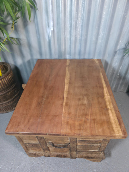 Vintage Reclaimed Rustic Indian Solid Wooden Dowry Chest Coffee Side Table Trunk