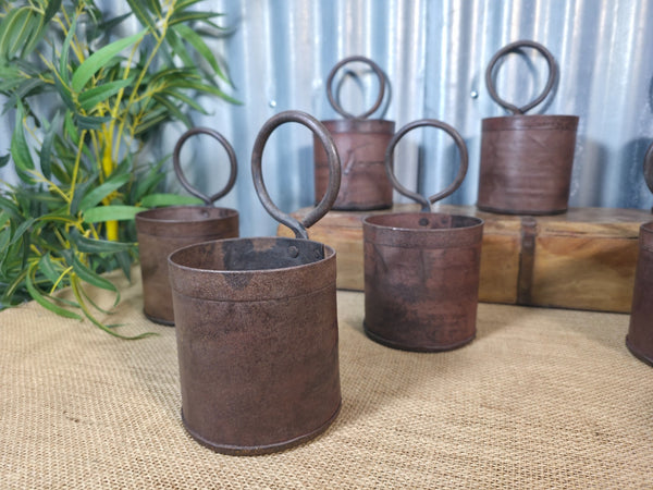 Vintage Rustic Riveted Iron Metal Pot Handle Utensil Planter Pen Desk Storage
