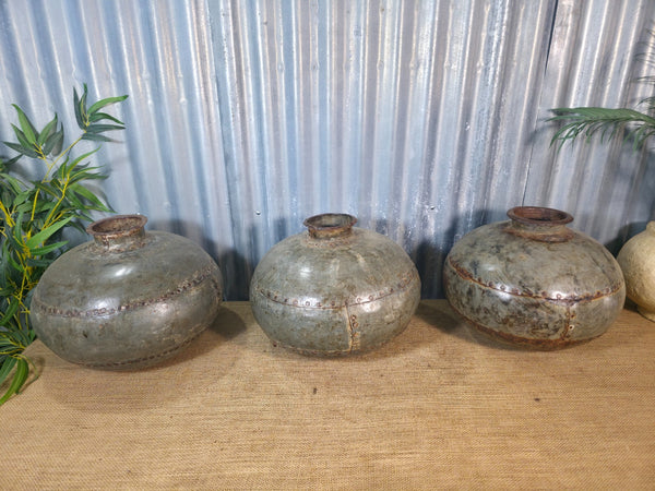 Vintage Reclaimed Rustic Original Indian Riveted Metal Water Carrier Pot Vase