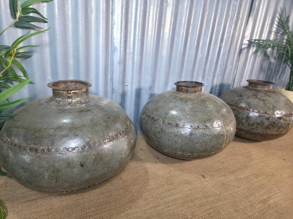 Vintage Reclaimed Rustic Original Indian Riveted Metal Water Carrier Pot Vase