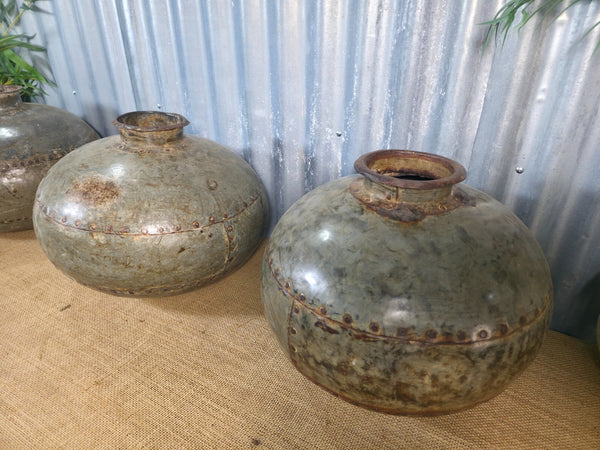 Vintage Reclaimed Rustic Original Indian Riveted Metal Water Carrier Pot Vase