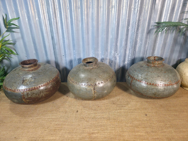 Vintage Reclaimed Rustic Original Indian Riveted Metal Water Carrier Pot Vase