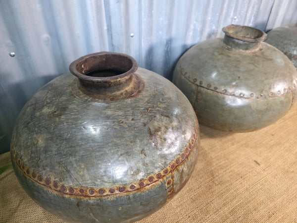 Vintage Reclaimed Rustic Original Indian Riveted Metal Water Carrier Pot Vase