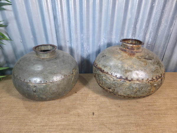 Vintage Reclaimed Rustic Original Indian Riveted Metal Water Carrier Pot Vase