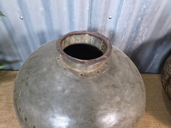 Vintage Reclaimed Rustic Original Indian Riveted Metal Water Carrier Pot Vase
