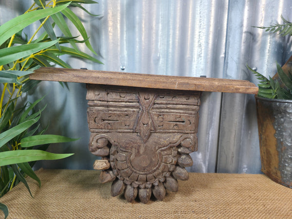 Vintage Indian Reclaimed Architectural Carved Wooden Wall Shelf