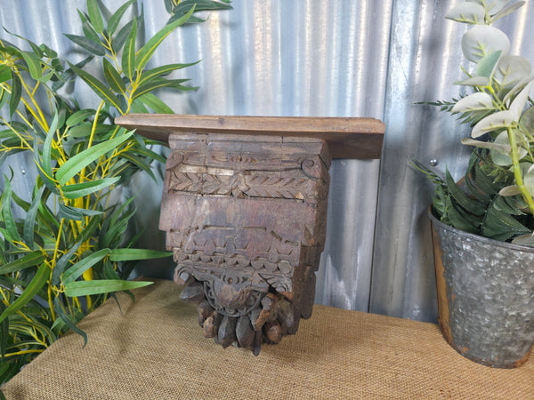 Vintage Indian Reclaimed Architectural Carved Wooden Wall Shelf