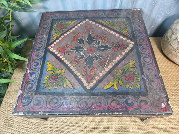 Vintage Indian Hand Painted Low Metal Bajot Coffee Side Table Plant Stand