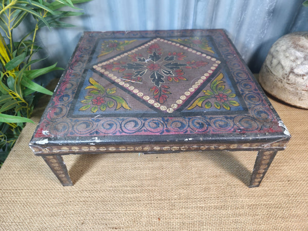 Vintage Indian Hand Painted Low Metal Bajot Coffee Side Table Plant Stand