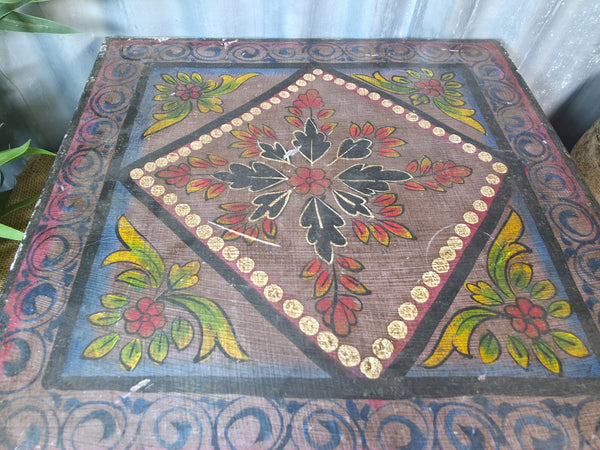 Vintage Indian Hand Painted Low Metal Bajot Coffee Side Table Plant Stand