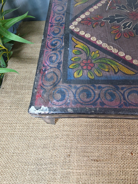 Vintage Indian Hand Painted Low Metal Bajot Coffee Side Table Plant Stand