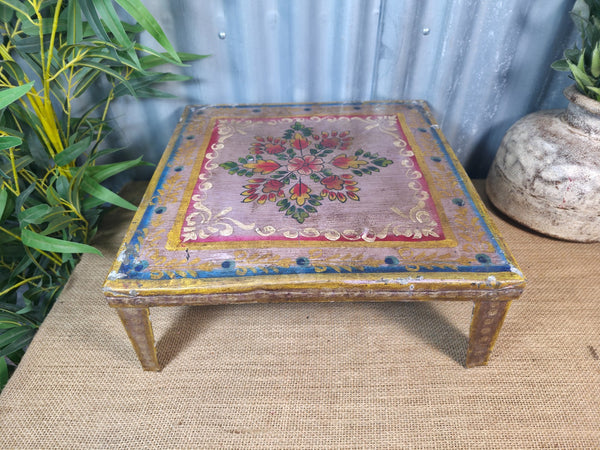 Vintage Indian Hand Painted Low Metal Bajot Coffee Side Table Plant Stand