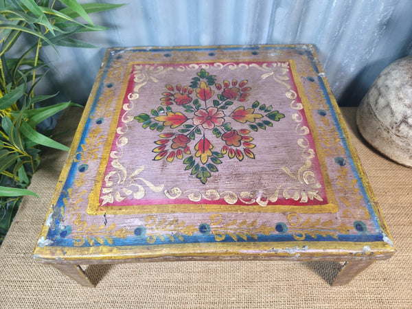 Vintage Indian Hand Painted Low Metal Bajot Coffee Side Table Plant Stand