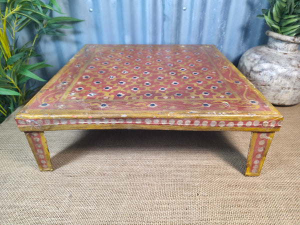Vintage Indian Hand Painted Low Metal Bajot Coffee Side Table Plant Stand