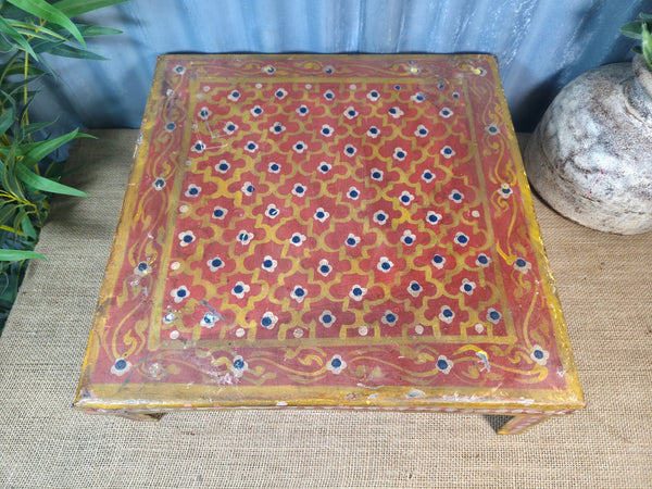 Vintage Indian Hand Painted Low Metal Bajot Coffee Side Table Plant Stand