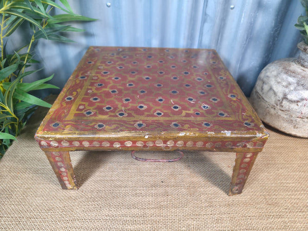 Vintage Indian Hand Painted Low Metal Bajot Coffee Side Table Plant Stand