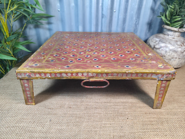 Vintage Indian Hand Painted Low Metal Bajot Coffee Side Table Plant Stand