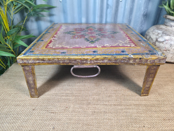 Vintage Indian Hand Painted Low Metal Bajot Coffee Side Table Plant Stand