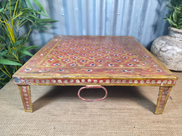 Vintage Indian Hand Painted Low Metal Bajot Coffee Side Table Plant Stand