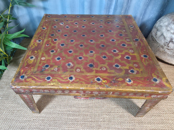 Vintage Indian Hand Painted Low Metal Bajot Coffee Side Table Plant Stand