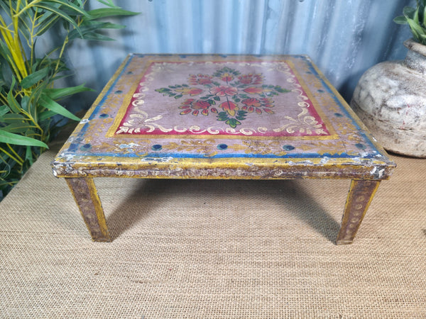 Vintage Indian Hand Painted Low Metal Bajot Coffee Side Table Plant Stand