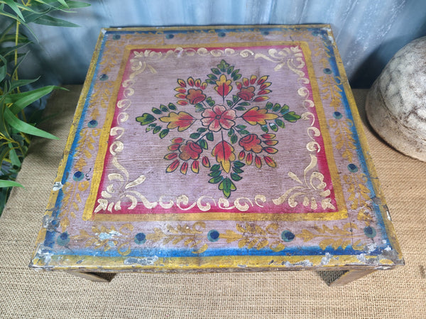 Vintage Indian Hand Painted Low Metal Bajot Coffee Side Table Plant Stand