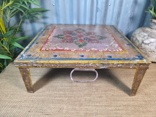 Vintage Indian Hand Painted Low Metal Bajot Coffee Side Table Plant Stand