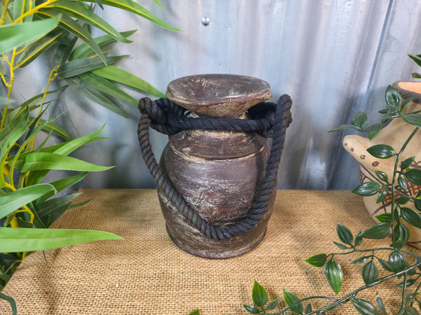 Vintage Antique Wabi Sabi Rustic Nepalese Turned Wooden Milk Water Curd Pot Vase