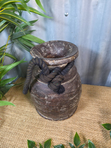 Vintage Antique Wabi Sabi Rustic Nepalese Turned Wooden Milk Water Curd Pot Vase