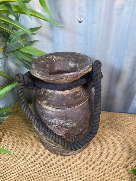 Vintage Antique Wabi Sabi Rustic Nepalese Turned Wooden Milk Water Curd Pot Vase