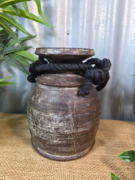 Vintage Antique Wabi Sabi Rustic Nepalese Turned Wooden Milk Water Curd Pot Vase
