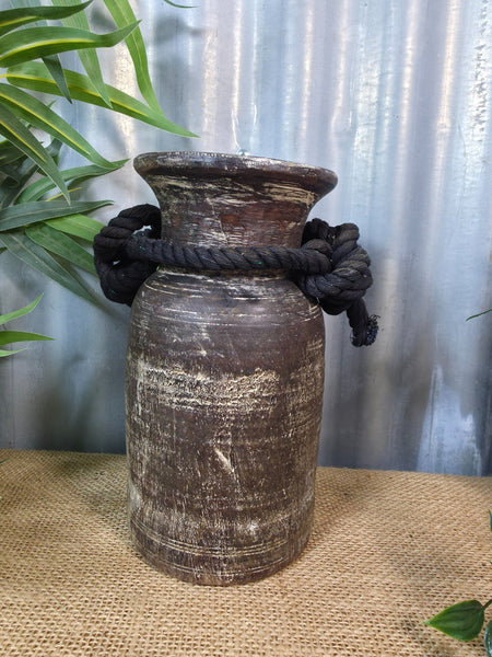 Vintage Antique Wabi Sabi Rustic Nepalese Turned Wooden Milk Water Curd Pot Vase
