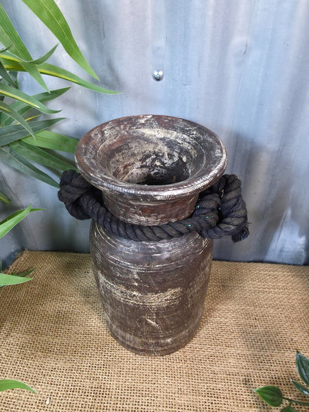 Vintage Antique Wabi Sabi Rustic Nepalese Turned Wooden Milk Water Curd Pot Vase