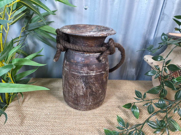 Vintage Antique Wabi Sabi Rustic Nepalese Turned Wooden Milk Water Curd Pot Vase
