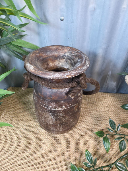 Vintage Antique Wabi Sabi Rustic Nepalese Turned Wooden Milk Water Curd Pot Vase
