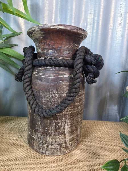 Vintage Antique Wabi Sabi Rustic Nepalese Turned Wooden Milk Water Curd Pot Vase