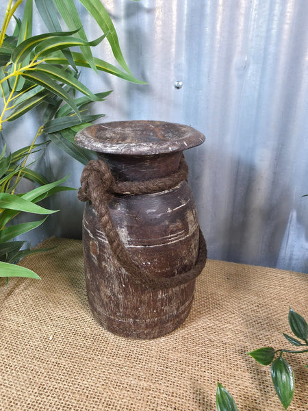 Vintage Antique Wabi Sabi Rustic Nepalese Turned Wooden Milk Water Curd Pot Vase