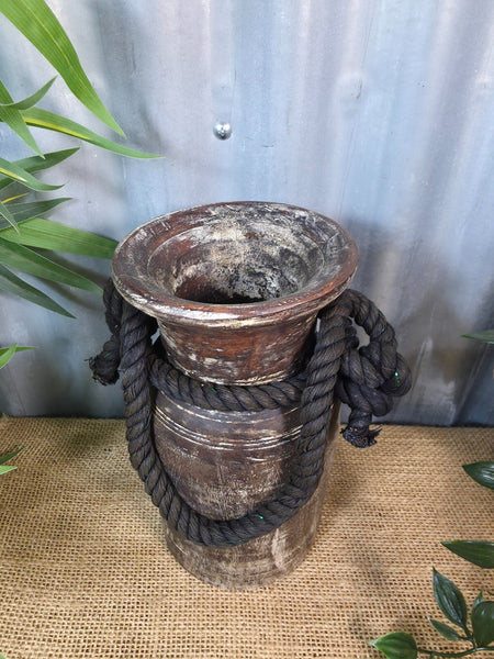 Vintage Antique Wabi Sabi Rustic Nepalese Turned Wooden Milk Water Curd Pot Vase