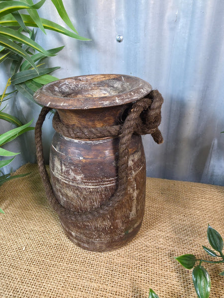 Vintage Antique Wabi Sabi Rustic Nepalese Turned Wooden Milk Water Curd Pot Vase