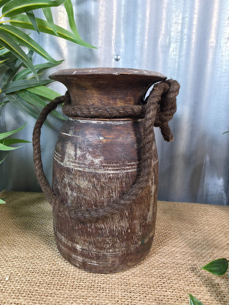 Vintage Antique Wabi Sabi Rustic Nepalese Turned Wooden Milk Water Curd Pot Vase