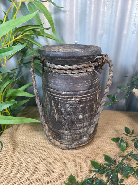 Vintage Antique Wabi Sabi Rustic Nepalese Turned Wooden Milk Water Curd Pot Vase