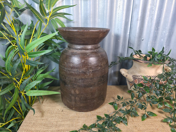 Vintage Antique Wabi Sabi Rustic Nepalese Turned Wooden Milk Water Curd Pot Vase