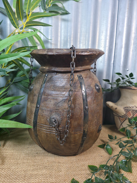 Vintage Antique Wabi Sabi Rustic Hanging Nepalese Wooden Water Curd Pot Vase